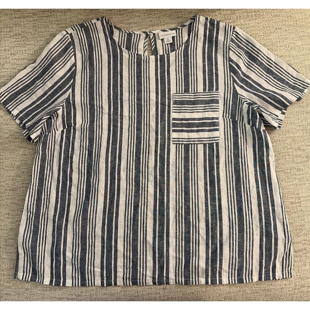 Liz Claiborne Cotton Linen Blend Lightweight Striped Short Sleeve Top Size XL